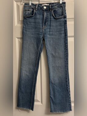 Zara Straight-Leg Raw Hem Medium Blue Jeans